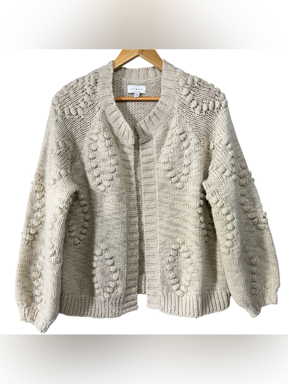 LUCKY BRAND Bobble Diamond Oatmeal Wool Blend Knit Cardigan Sweater | Women’s M